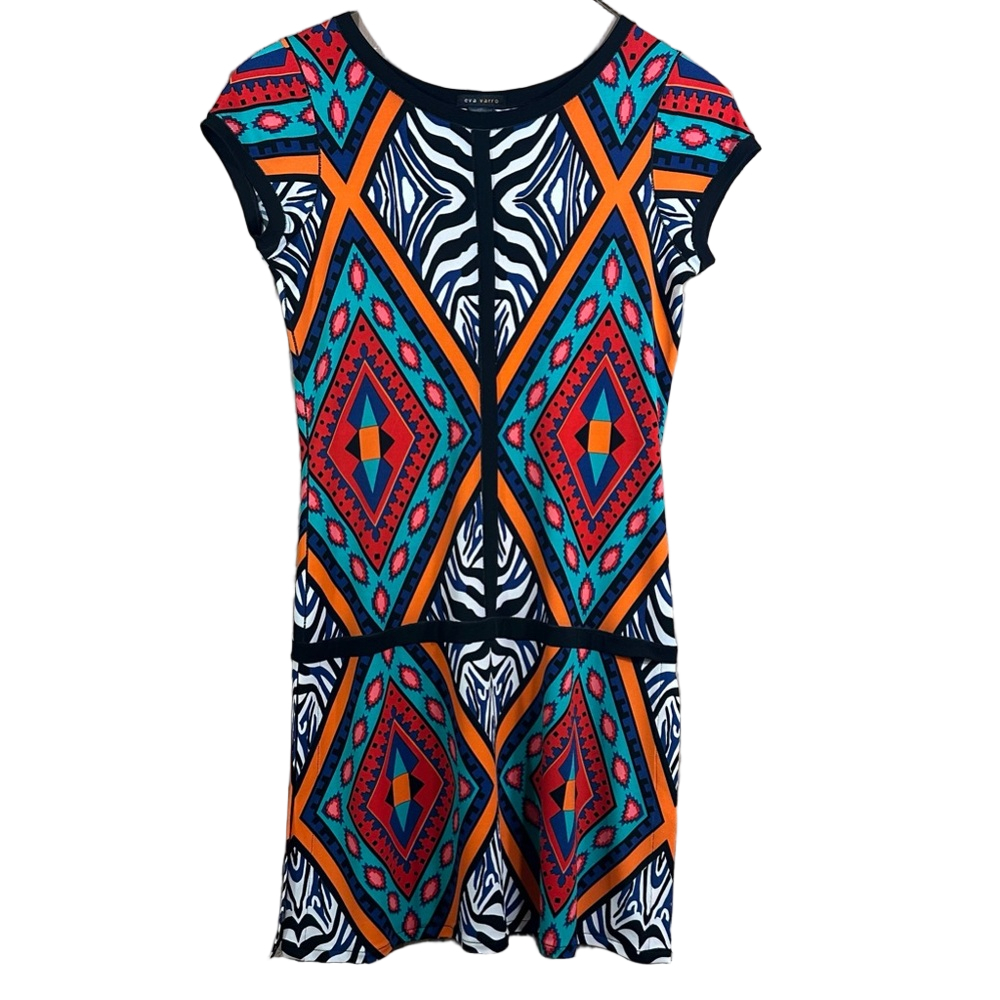Eva Varro Animal Print Blue Red Mini Dress Short Sleeve Size Medium